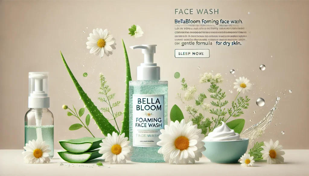 "Bottle of Bellabloom Foaming Face Wash placed beside aloe vera leaves, chamomile flowers, and water, emphasizing its gentle and hydrating formula for dry skin."