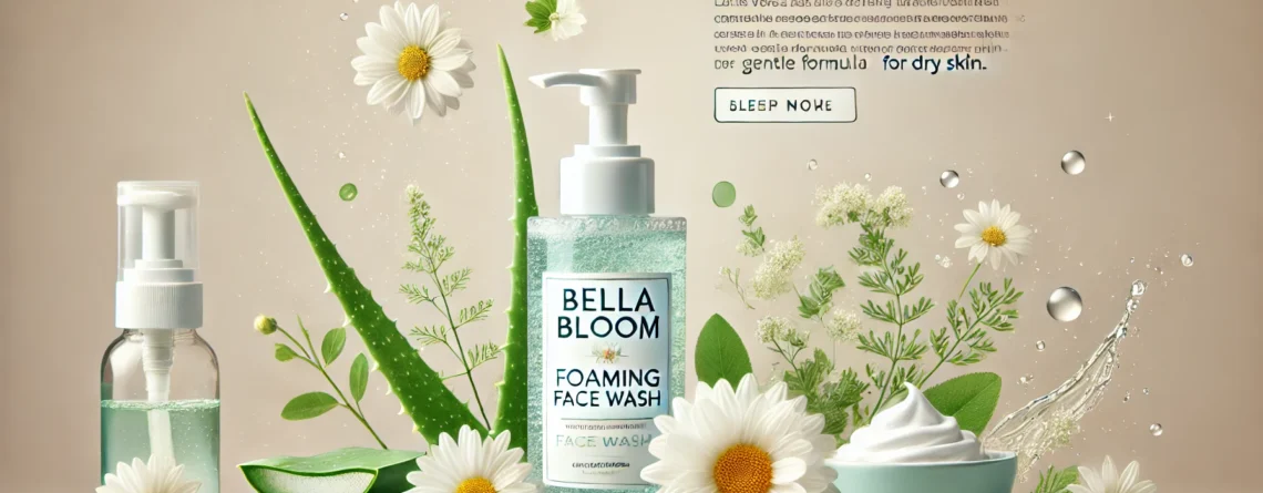 "Bottle of Bellabloom Foaming Face Wash placed beside aloe vera leaves, chamomile flowers, and water, emphasizing its gentle and hydrating formula for dry skin."