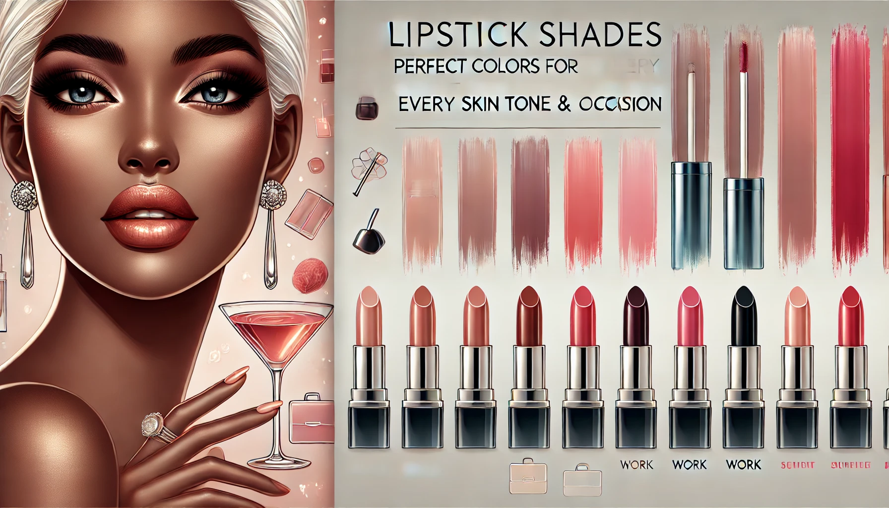 A stylish banner showcasing lipstick shades for every skin tone and occasion with swatches and diverse skin tones