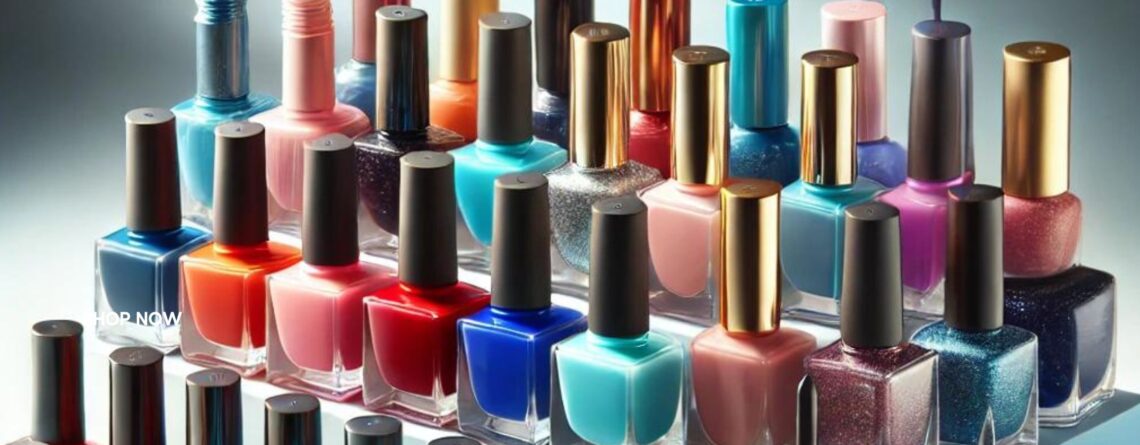 "Collection of colorful nail polish bottles in matte, glossy, metallic, and glitter finishes."